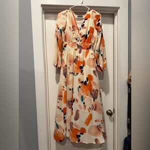 Boho Maxi Dress in Cream with Orange & Teal Abstract Print